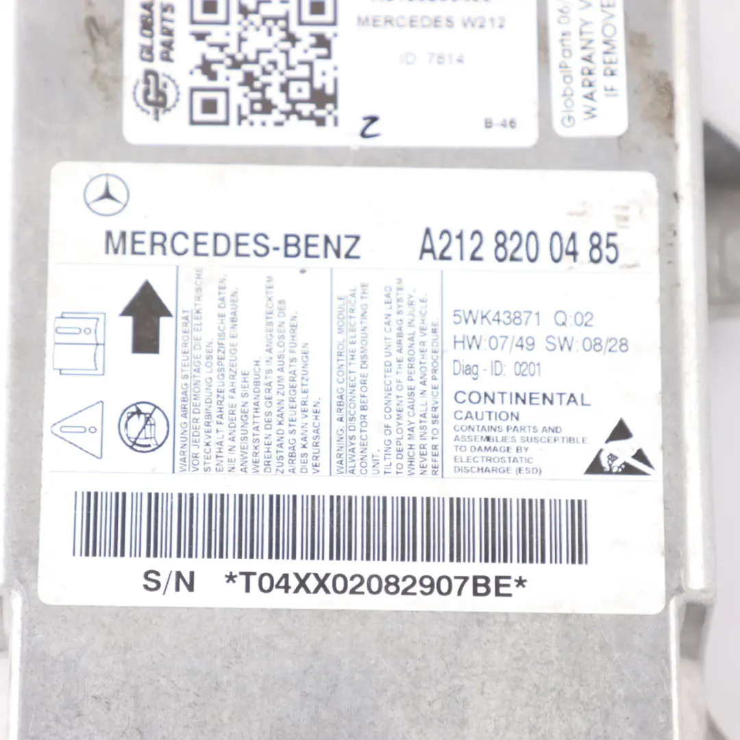 SRS Air Module Crash Control Unit ECU to Mercedes W212 with Part number A2128200485 Mercedes W212 SRS Air Module Crash Control Unit ECU - SKU A2128200485 - Part number A2128200485