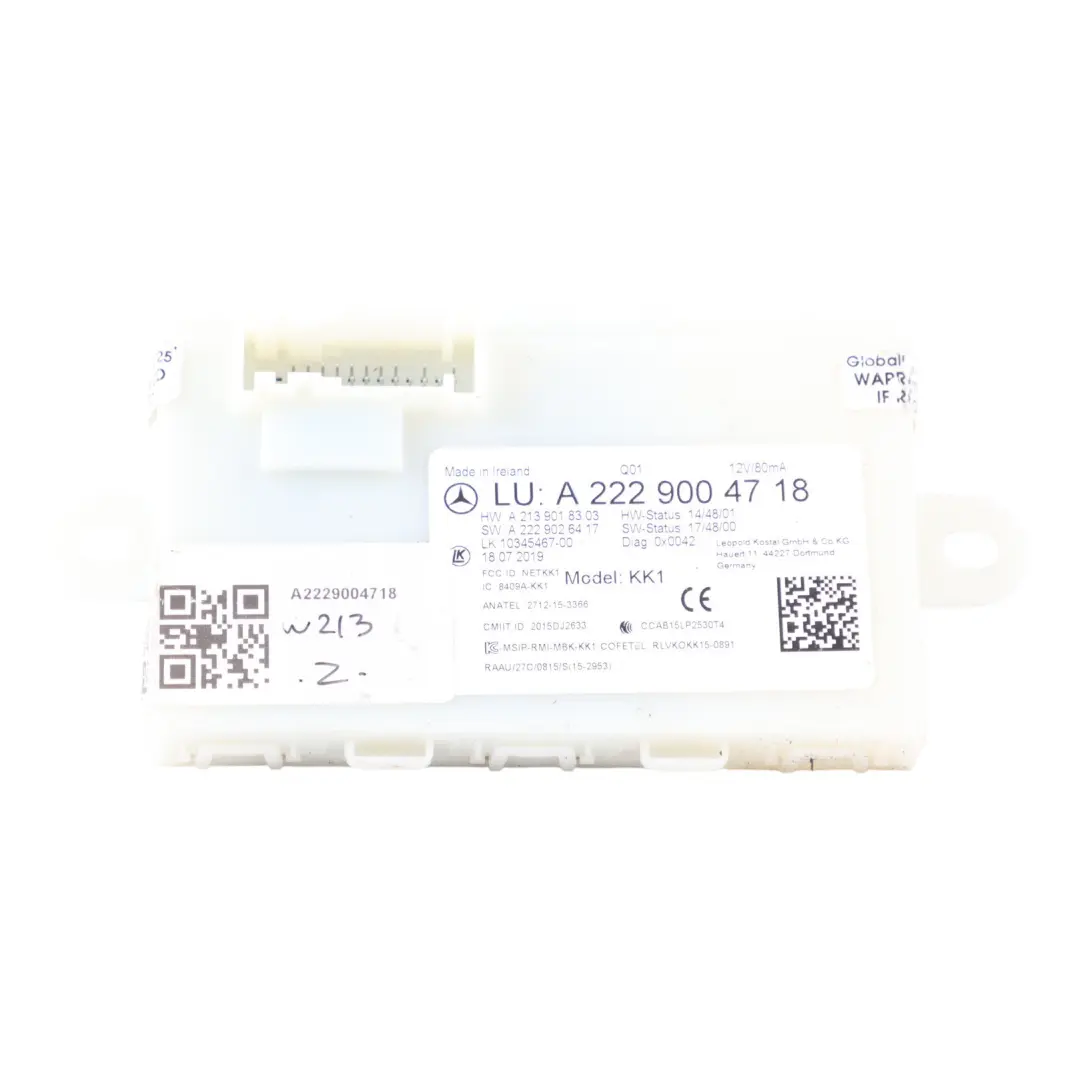 Keyless Go Entry Central Lock Control Module Unit ECU to Mercedes W213 with Part number A2229004718 Mercedes W213 Keyless Go Entry Central Lock Control Module Unit ECU - SKU A2229004718 - Part number A2229004718