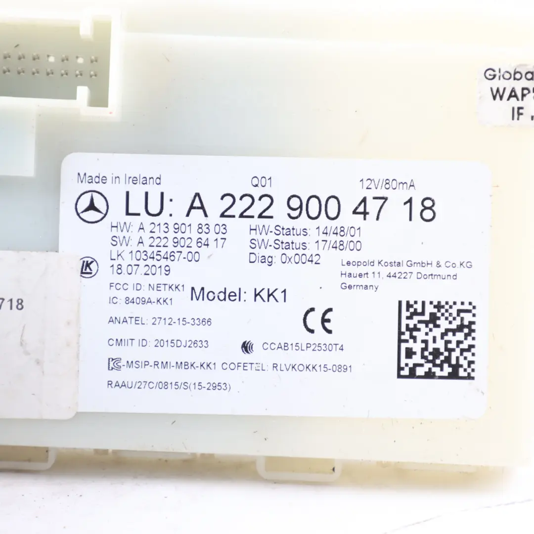 Keyless Go Entry Central Lock Control Module Unit ECU to Mercedes W213 with Part number A2229004718 Mercedes W213 Keyless Go Entry Central Lock Control Module Unit ECU - SKU A2229004718 - Part number A2229004718