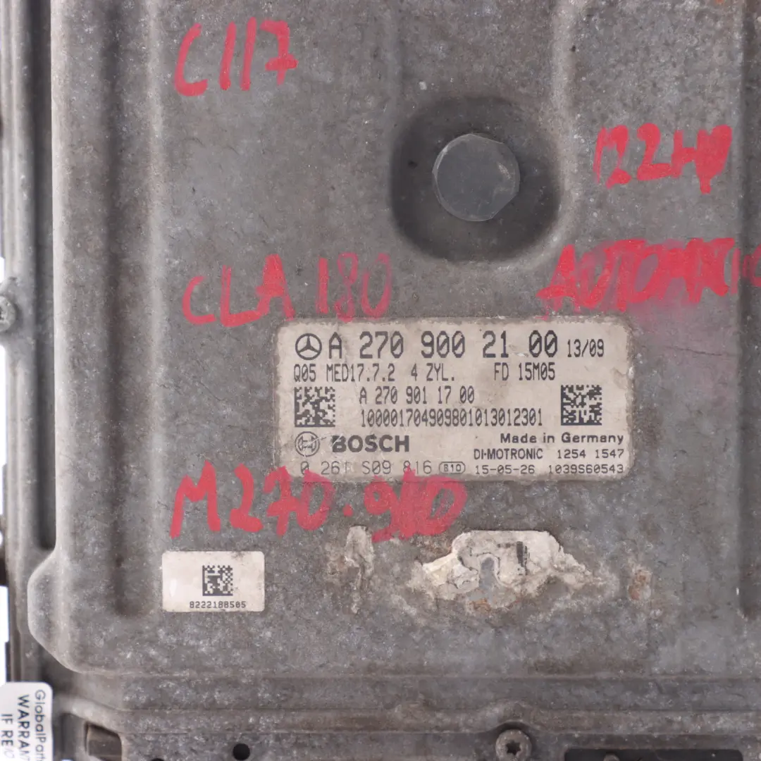 Mercedes C117 CLA 180 270.910 122HP Motore ECU Kit Automatico - SKU A2709002100-15 - Numero di parte A2709002100
