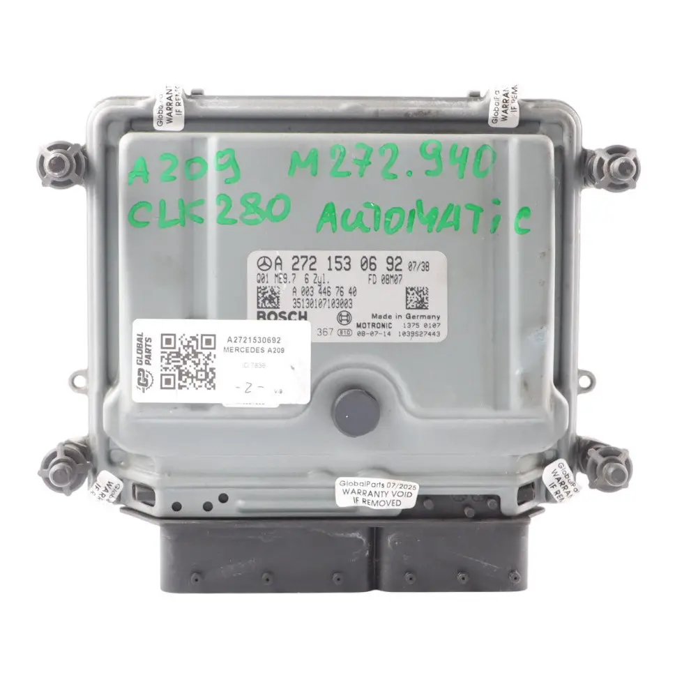 CLK290 M272.940 231HP Engine Control ECU Automatic to Mercedes A209 with Part number A2721530692 Mercedes A209 CLK290 M272.940 231HP Engine Control ECU Automatic - SKU A2721530692 - Part number A2721530692