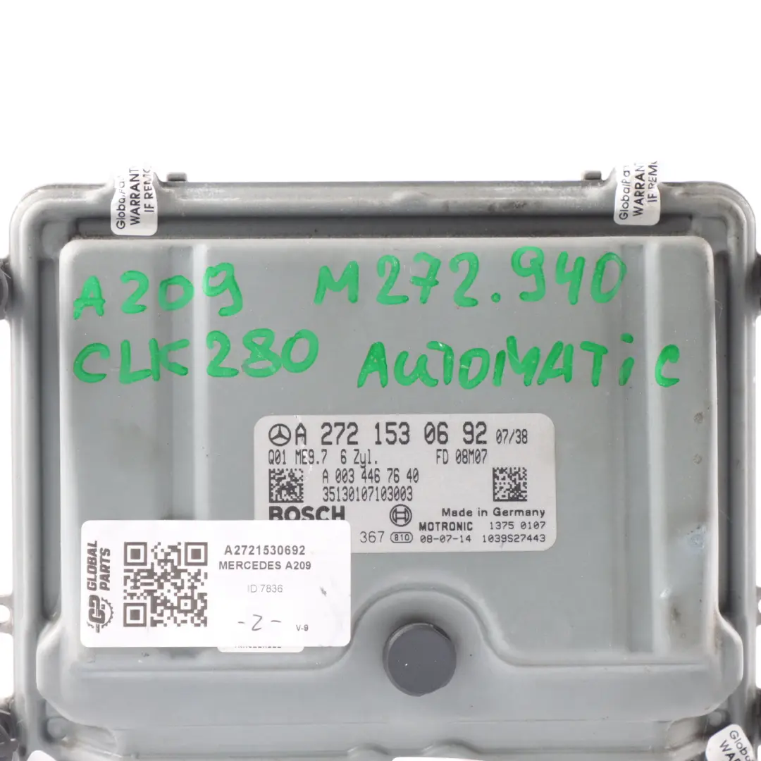 CLK290 M272.940 231HP Engine Control ECU Automatic to Mercedes A209 with Part number A2721530692 Mercedes A209 CLK290 M272.940 231HP Engine Control ECU Automatic - SKU A2721530692 - Part number A2721530692