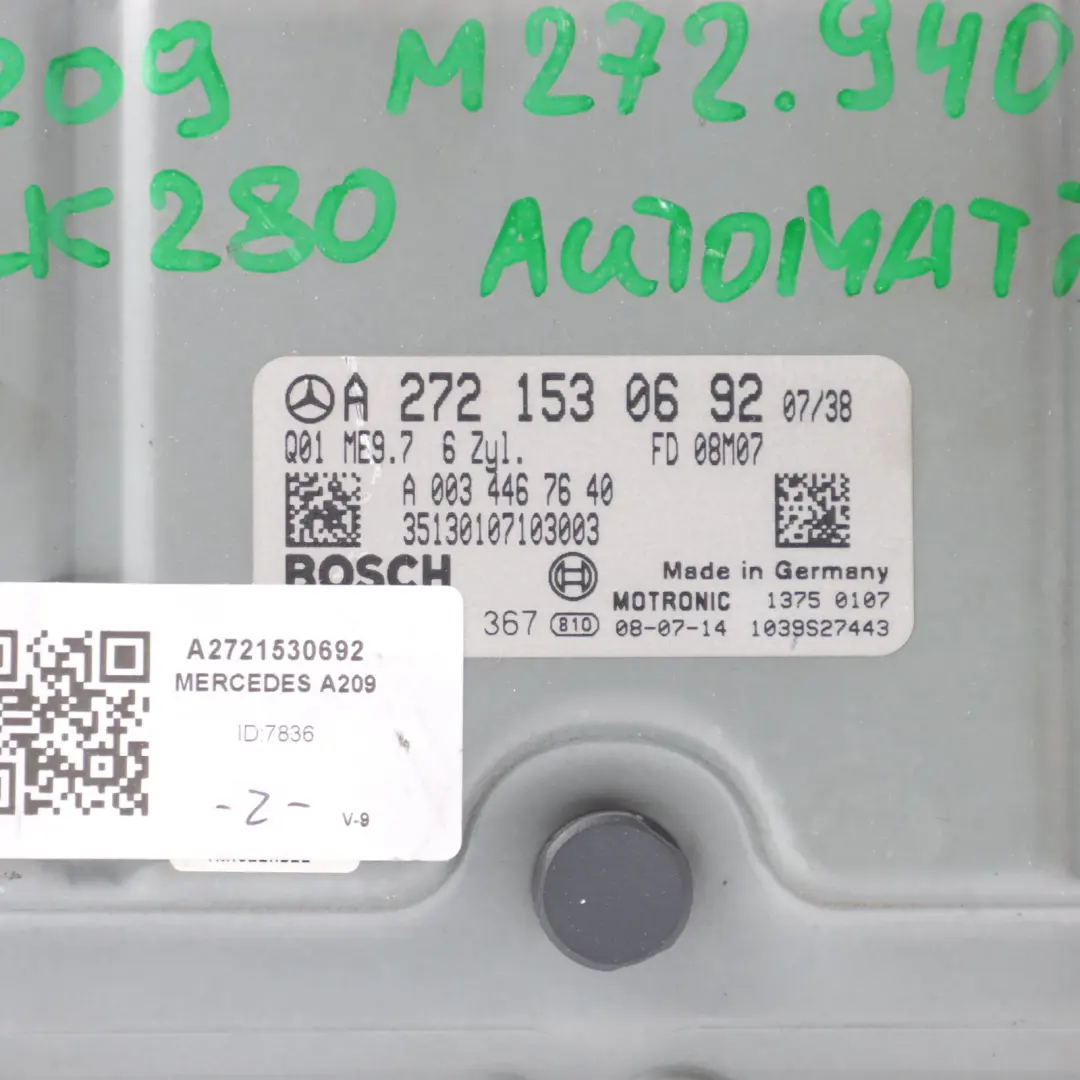 CLK290 M272.940 231HP Engine Control ECU Automatic to Mercedes A209 with Part number A2721530692 Mercedes A209 CLK290 M272.940 231HP Engine Control ECU Automatic - SKU A2721530692 - Part number A2721530692