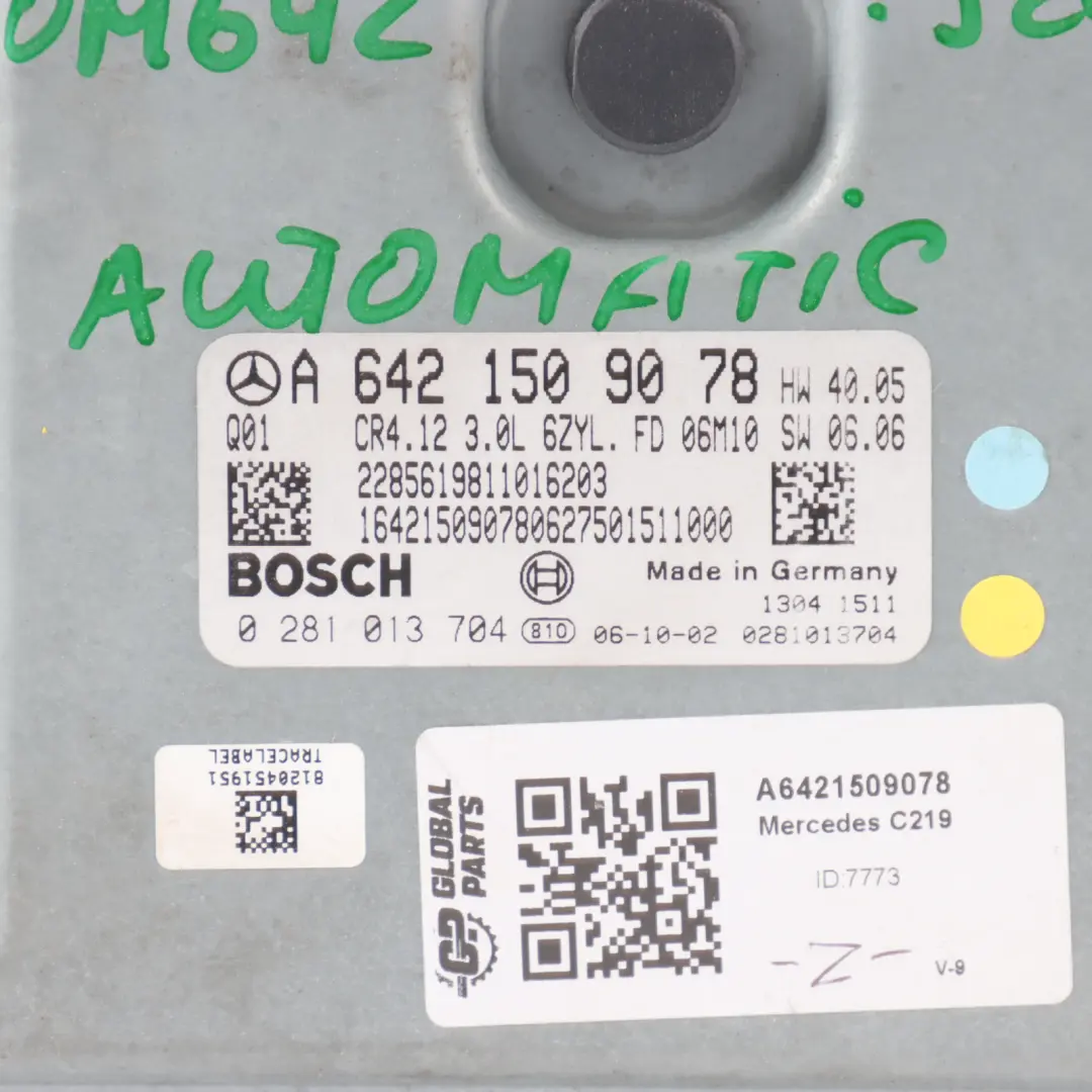 CLS320 CDI OM642.920 224HP Engine Module ECU Automatic to Mercedes C219 with Part number A6421509078 Mercedes C219 CLS320 CDI OM642.920 224HP Engine Module ECU Automatic - SKU A6421509078 - Part number A6421509078