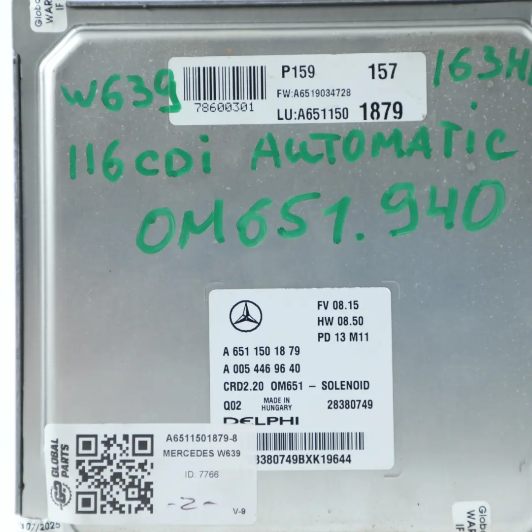651.940 116 CDI 163 CV Kit Calculateur Moteur pour Mercedes Vito W639 à propos du numéro de pièce A6511501879 Mercedes Vito W639 651.940 116 CDI 163 CV Kit Calculateur Moteur - SKU A6511501879-8 - Numéro de pièce A6511501879