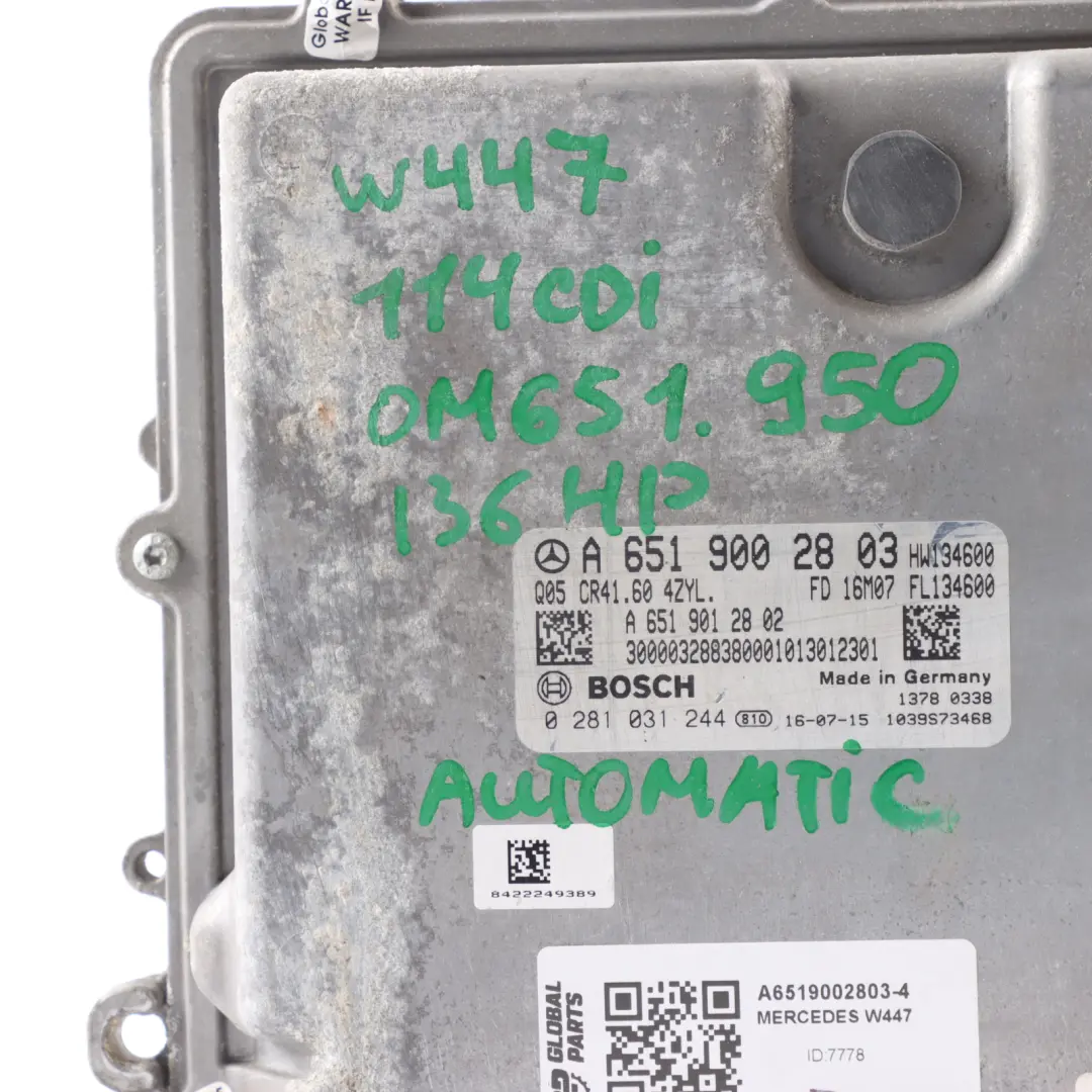OM651.950 136HP Kit Centralina Motore per Mercedes W447 114 CDI con numero di parte A6519002803 Mercedes W447 114 CDI OM651.950 136HP Kit Centralina Motore - SKU A6519002803-4 - Numero di parte A6519002803