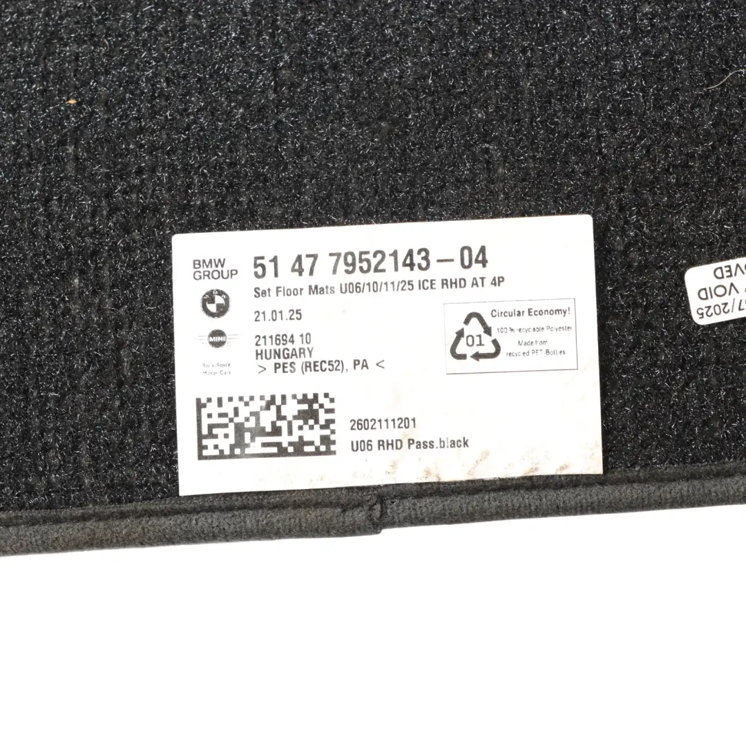 BMW U06 Floor Mats Set Interior Front Rear Floor Mat Cloth Trim Cover Black - SKU RHD-7952143 - Part number 7952143