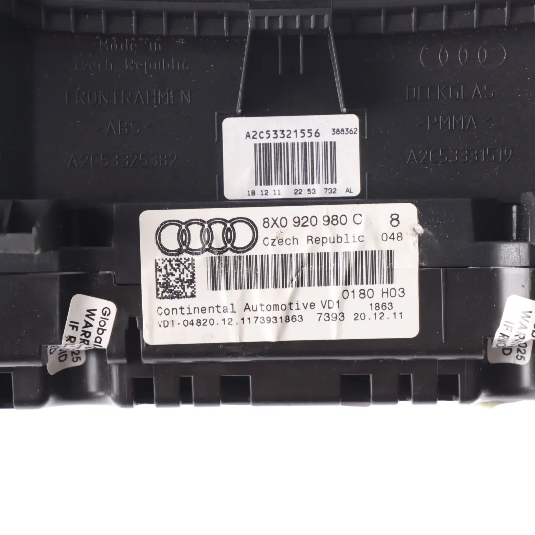 Instrument Cluster Speedometer Clocks Manual to Audi A1 8X Petrol with Part number 8X0920980C Audi A1 8X Petrol Instrument Cluster Speedometer Clocks Manual - SKU RHD-8X0920980C - Part number 8X0920980C