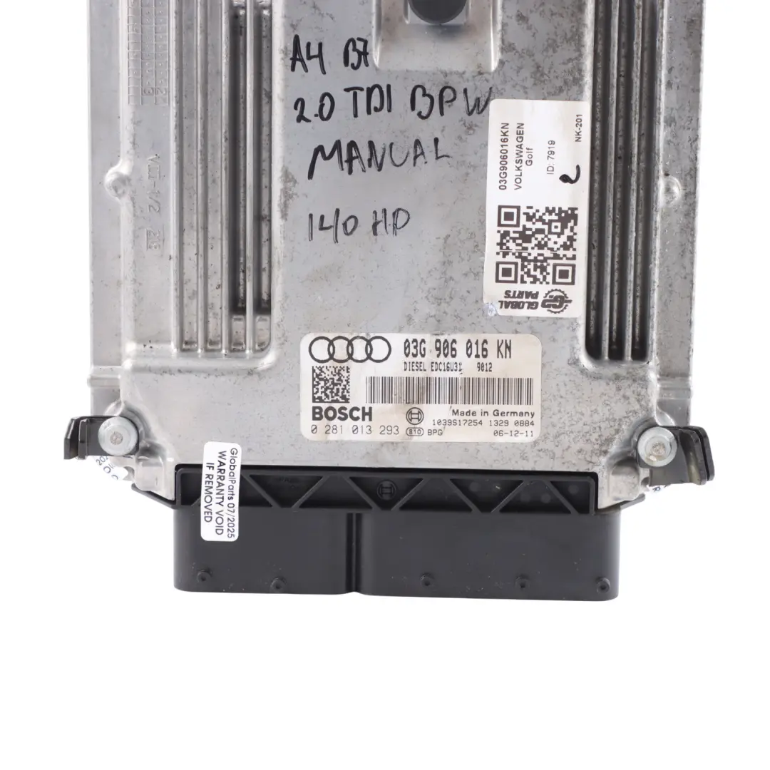 Audi A4 B7 BPW 2.0 TDI 140HP Diesel Engine Control Unit ECU Manual - SKU 03G906016KN - Part number 03G906016KN