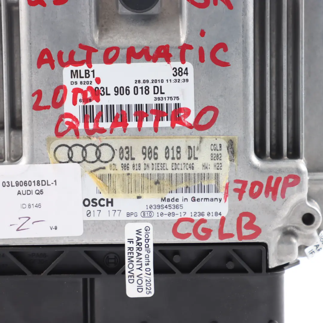 Audi Q5 8R 2.0 TDI Quattro 170HP CGLB Engine ECU Kit Automatic - SKU 03L906018DL-1 - Part number 03L906018DL