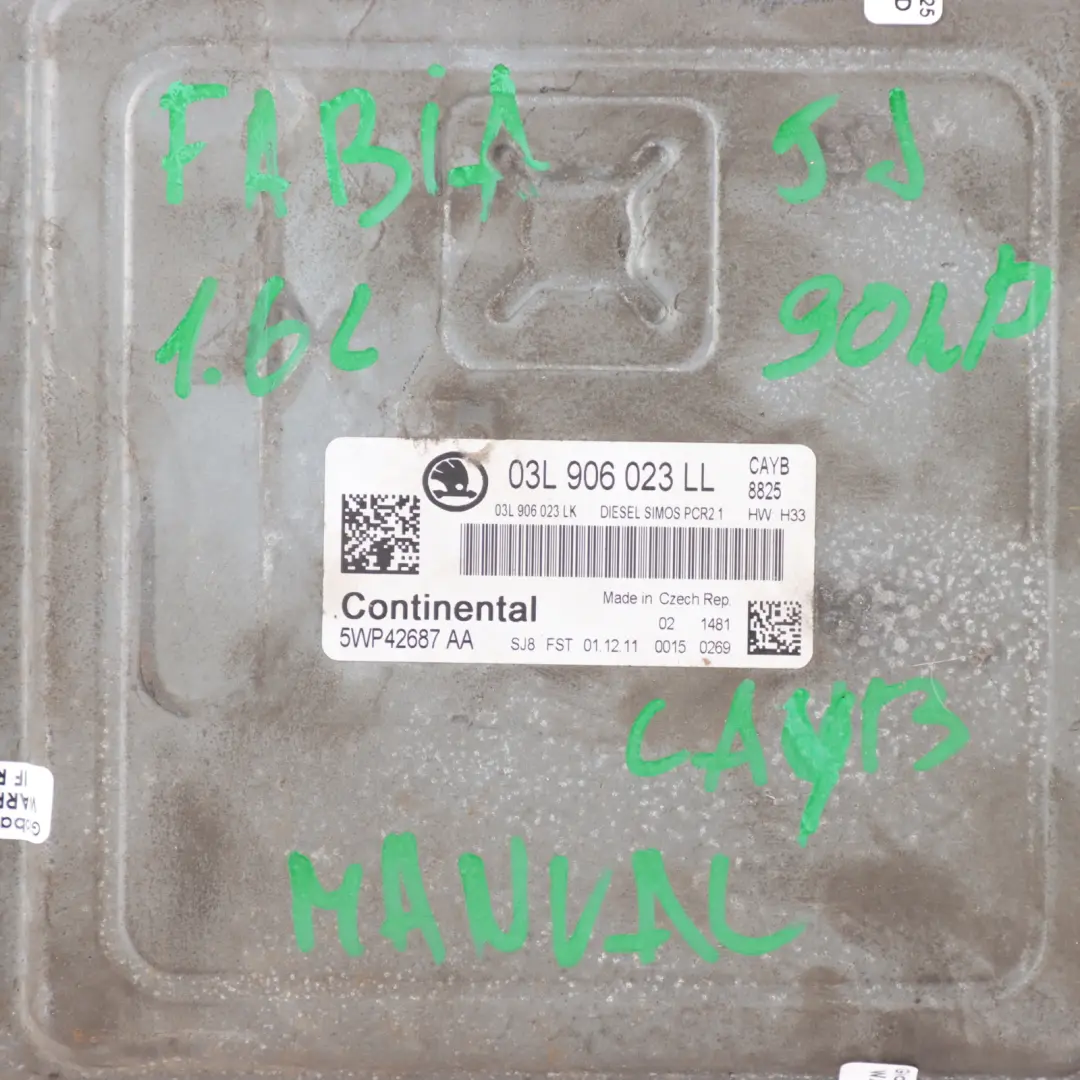Skoda Fabia 5J 1.6 TDI 90HP CAYB Diesel Engine ECU Kit Manual - SKU 03L906023LL - Part number 03L906023LL
