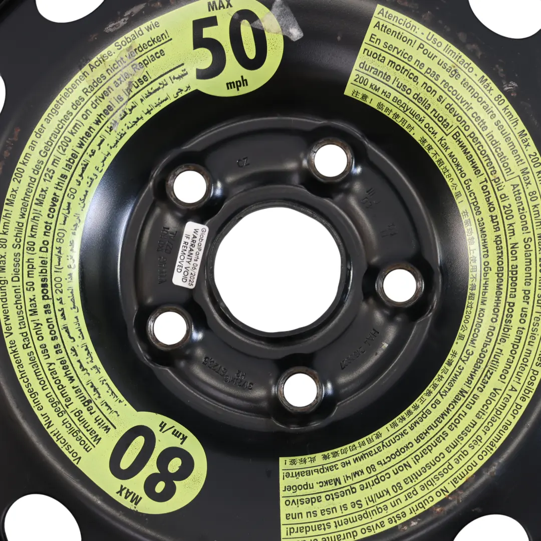 Rueda Repuesto Acero Space Saver R16 3,5J ET:25.5 125/70 para Audi A3 8P con número de pieza 1K0601027AL Audi A3 8P Rueda Repuesto Acero Space Saver R16 3,5J ET:25.5 125/70 - SKU 1K0601027AL-2 - Número de pieza 1K0601027AL