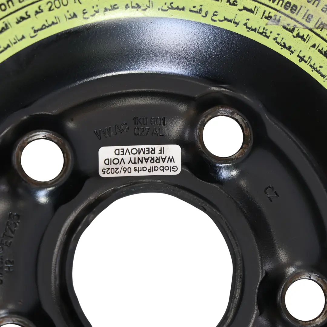 Rueda Repuesto Acero Space Saver R16 3,5J ET:25.5 125/70 para Audi A3 8P con número de pieza 1K0601027AL Audi A3 8P Rueda Repuesto Acero Space Saver R16 3,5J ET:25.5 125/70 - SKU 1K0601027AL-2 - Número de pieza 1K0601027AL