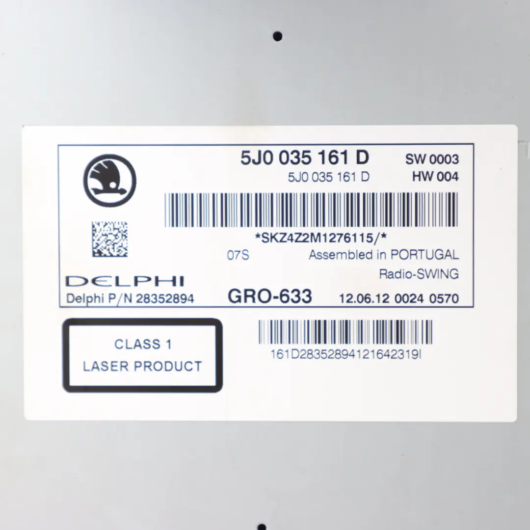 Player Audio Stereo Radio Head Unit to Skoda Fabia 5J CD with Part number 5J0035161D Skoda Fabia 5J CD Player Audio Stereo Radio Head Unit - SKU 5J0035161D - Part number 5J0035161D