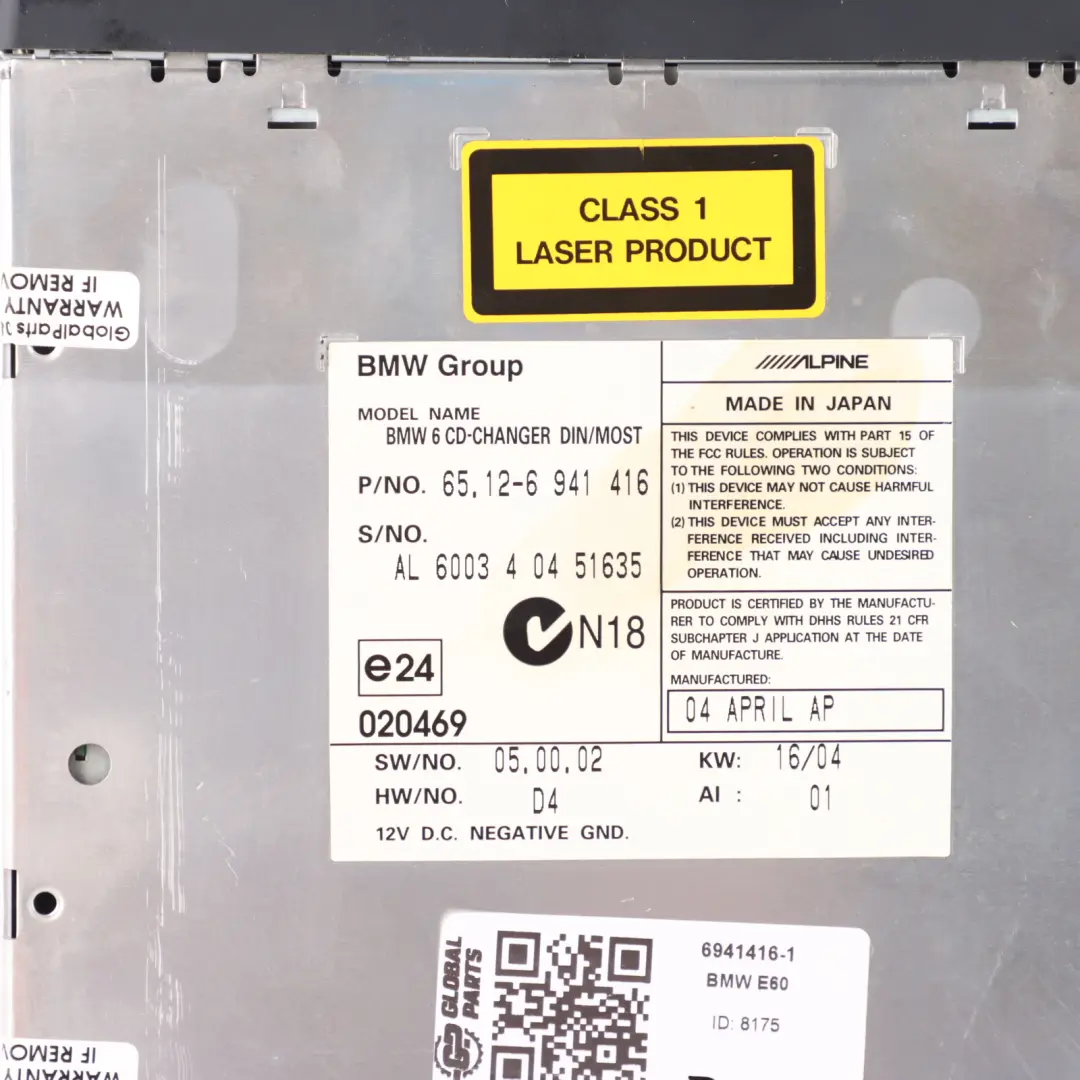 6-Disc Compact CD Changer to BMW E60 E61 E63 E64 with Part number 6941416 BMW E60 E61 E63 E64 6-Disc Compact CD Changer - SKU 6941416-1 - Part number 6941416