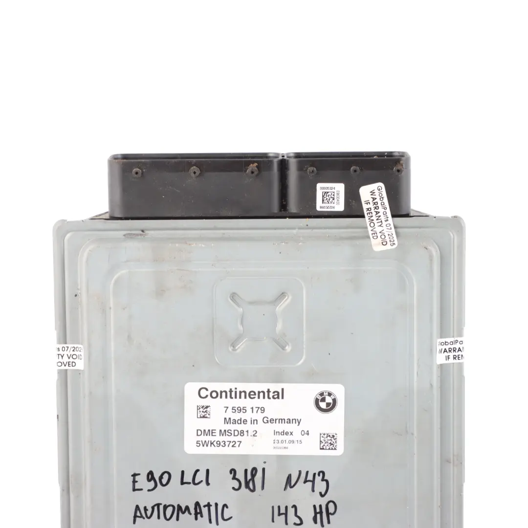 143HP Petrol Engine Unit ECU N43 DME Automatic to BMW E87 LCI E90 120i 320i with Part number 7595179 BMW E87 LCI E90 120i 320i 143HP Petrol Engine Unit ECU N43 DME Automatic - SKU 7595179-20 - Part number 7595179