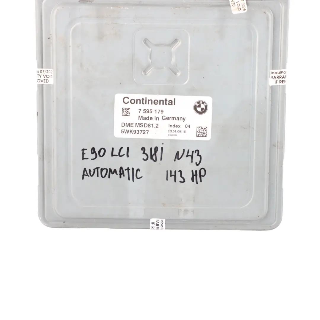 143HP Petrol Engine Unit ECU N43 DME Automatic to BMW E87 LCI E90 120i 320i with Part number 7595179 BMW E87 LCI E90 120i 320i 143HP Petrol Engine Unit ECU N43 DME Automatic - SKU 7595179-20 - Part number 7595179
