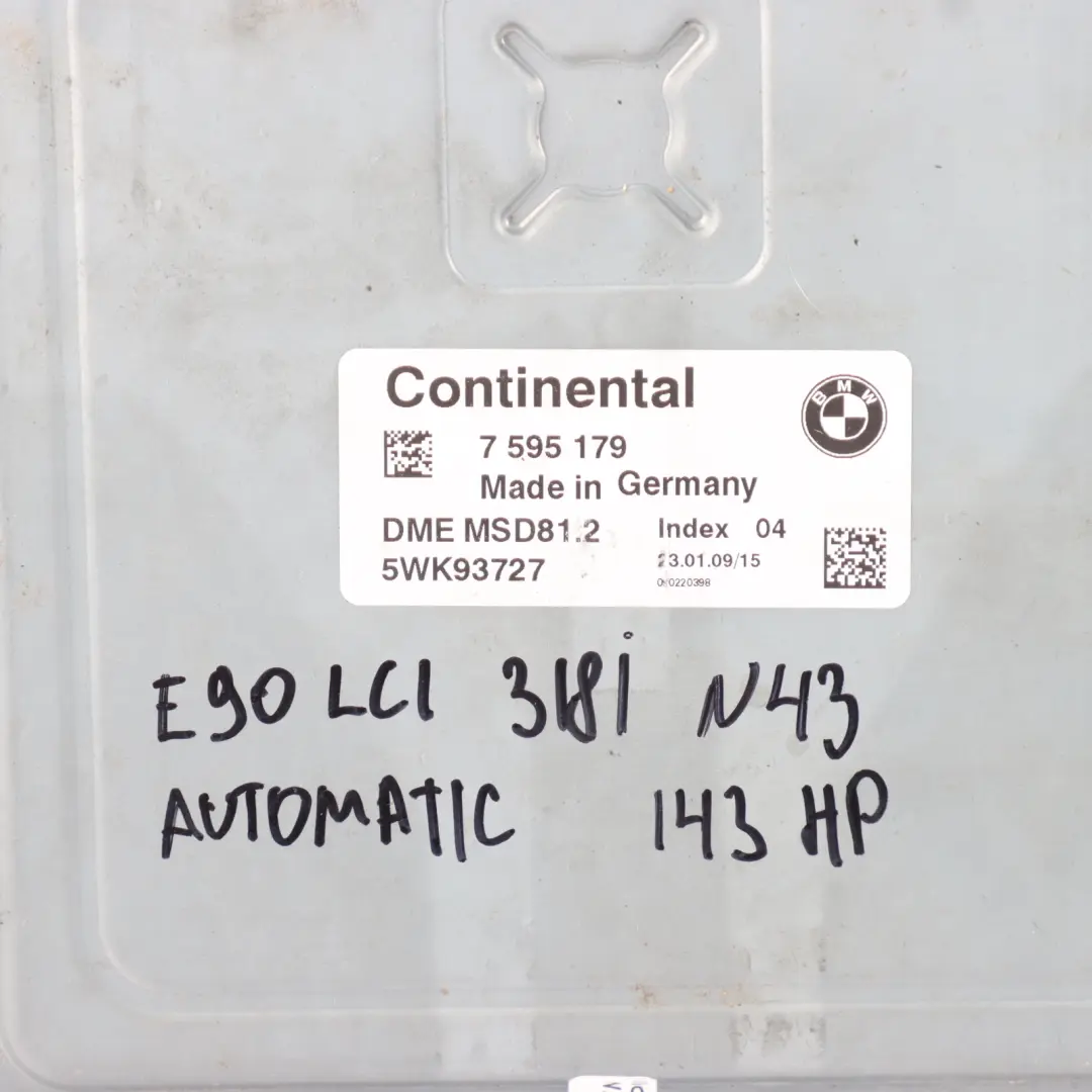 143HP Petrol Engine Unit ECU N43 DME Automatic to BMW E87 LCI E90 120i 320i with Part number 7595179 BMW E87 LCI E90 120i 320i 143HP Petrol Engine Unit ECU N43 DME Automatic - SKU 7595179-20 - Part number 7595179