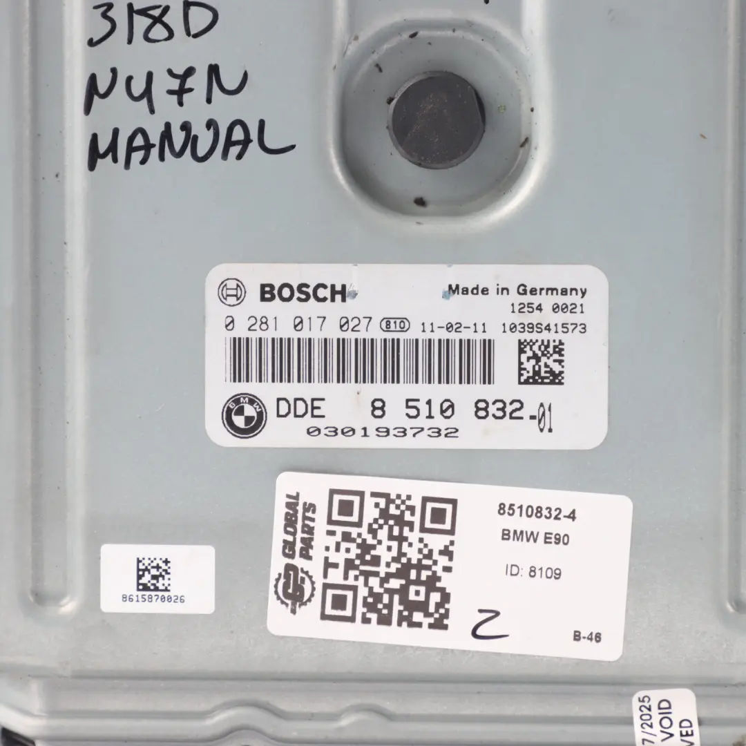 BMW E90 E91 LCI 318d N47N 143HP Engine Control ECU DDE Manual - SKU 8510832-4 - Part number 8510832