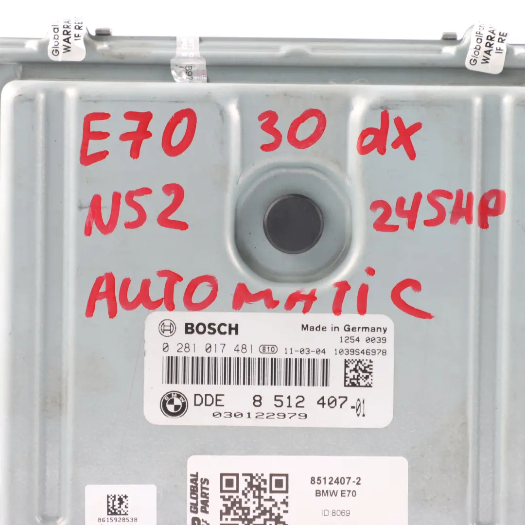 BMW X5 E70 LCI X6 E71 30dX Diesel N57 245HP Engine ECU Kit DDE 8506570 Automatic - SKU 8512407-2 - Part number 8512407