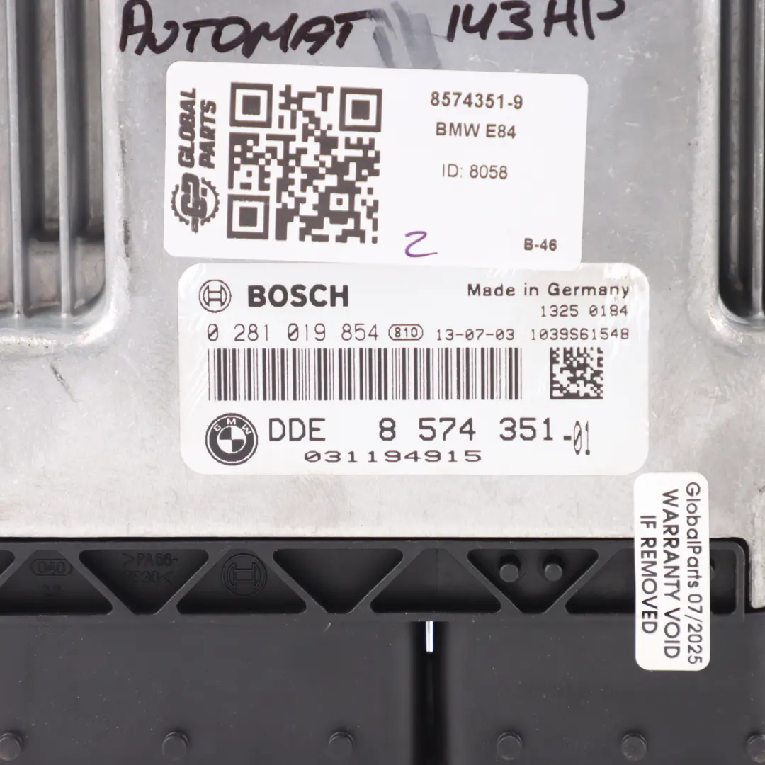 BMW X1 E84 18SD sDrive Diesel N47N Engine Control ECU DDE Kit Automatic - SKU 8574351-9 - Part number 8574351