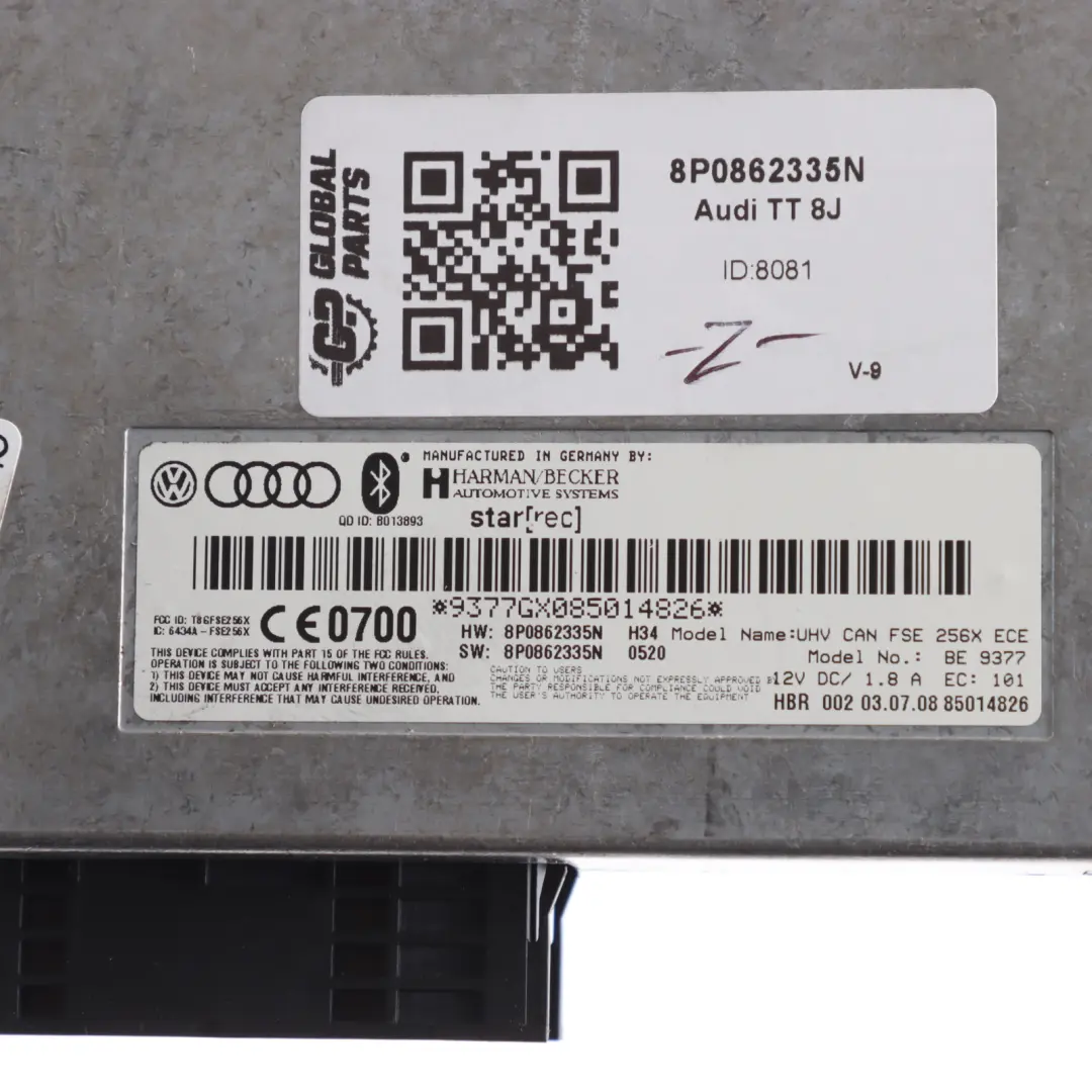 Audi A3 8P TT 8J Interface Bluetooth Control Module Harman Becker ECU - SKU 8P0862335N - Part number 8P0862335N