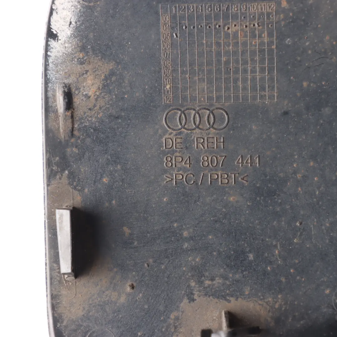 Bumper Towing Eye Hook Cover Trim Brilliant Black Metallic Y9B to Audi A3 8P Rear with Part number 8P4807441 Audi A3 8P Rear Bumper Towing Eye Hook Cover Trim Brilliant Black Metallic Y9B - SKU 8P4807441-BBL - Part number 8P4807441