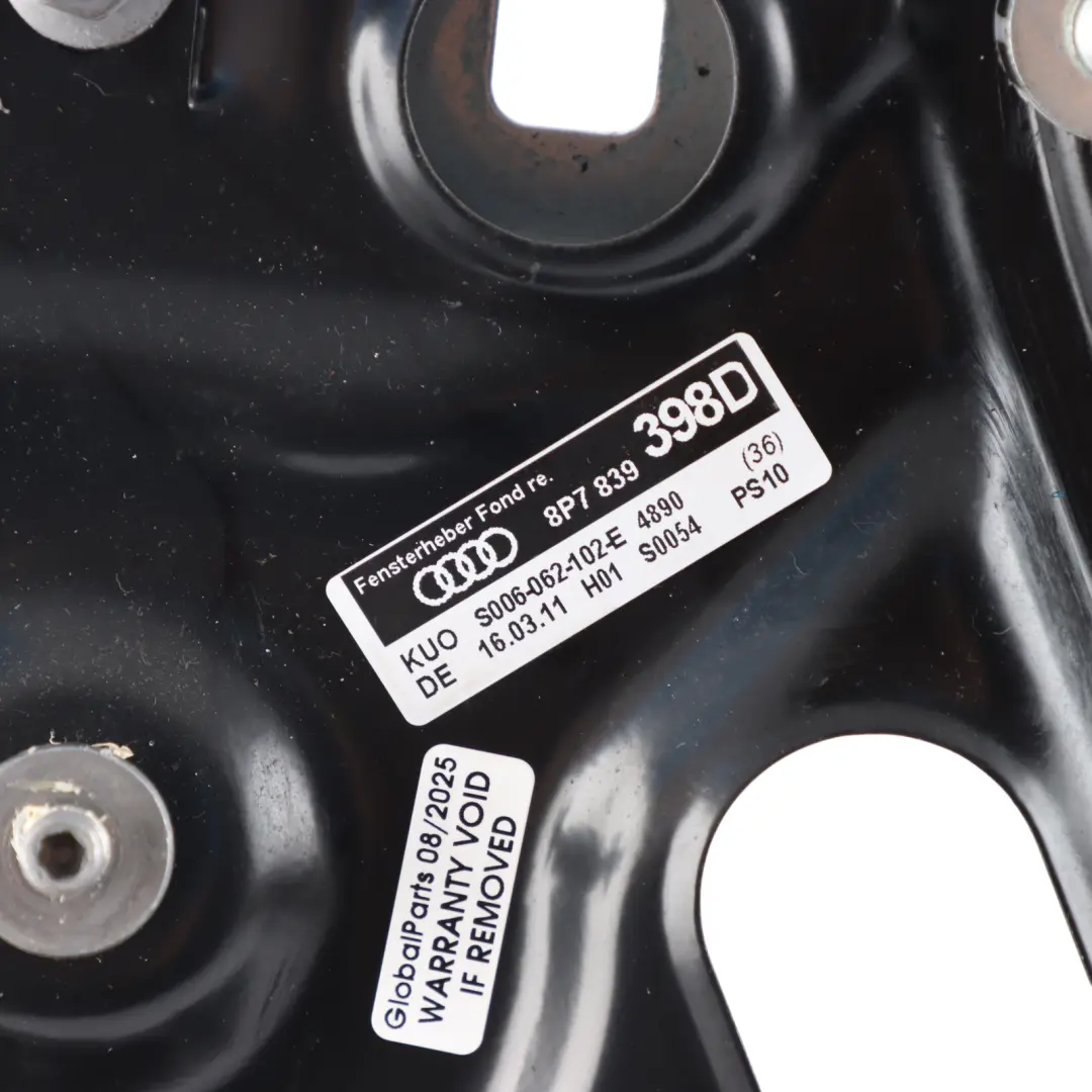 Window Lifter Regulator Mechanism Rear Right O/S to Audi A3 8P Cabrio with Part number 8P7839398D Audi A3 8P Cabrio Window Lifter Regulator Mechanism Rear Right O/S - SKU 8P7839398D - Part number 8P7839398D