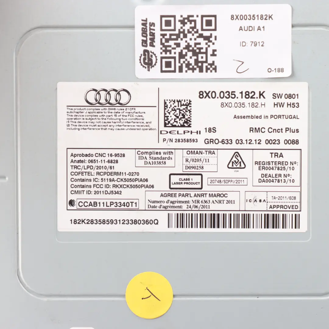 Audi A1 8X Multimédia MMI Radio Lecteur Stéréo GPS Unité Principale - SKU 8X0035182K - Numéro de pièce 8X0035182K