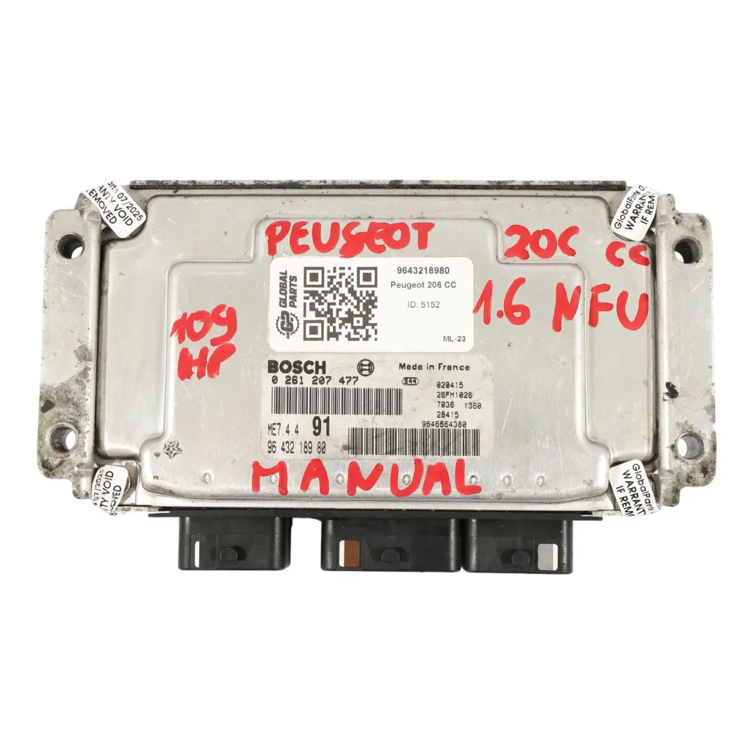 NFU TU5JP4 109HP Calculateur Moteur ECU Manuel pour Peugeot 206 1.6 à propos du numéro de pièce 9643218980 Peugeot 206 1.6 NFU TU5JP4 109HP Calculateur Moteur ECU Manuel - SKU 9643218980 - Numéro de pièce 9643218980