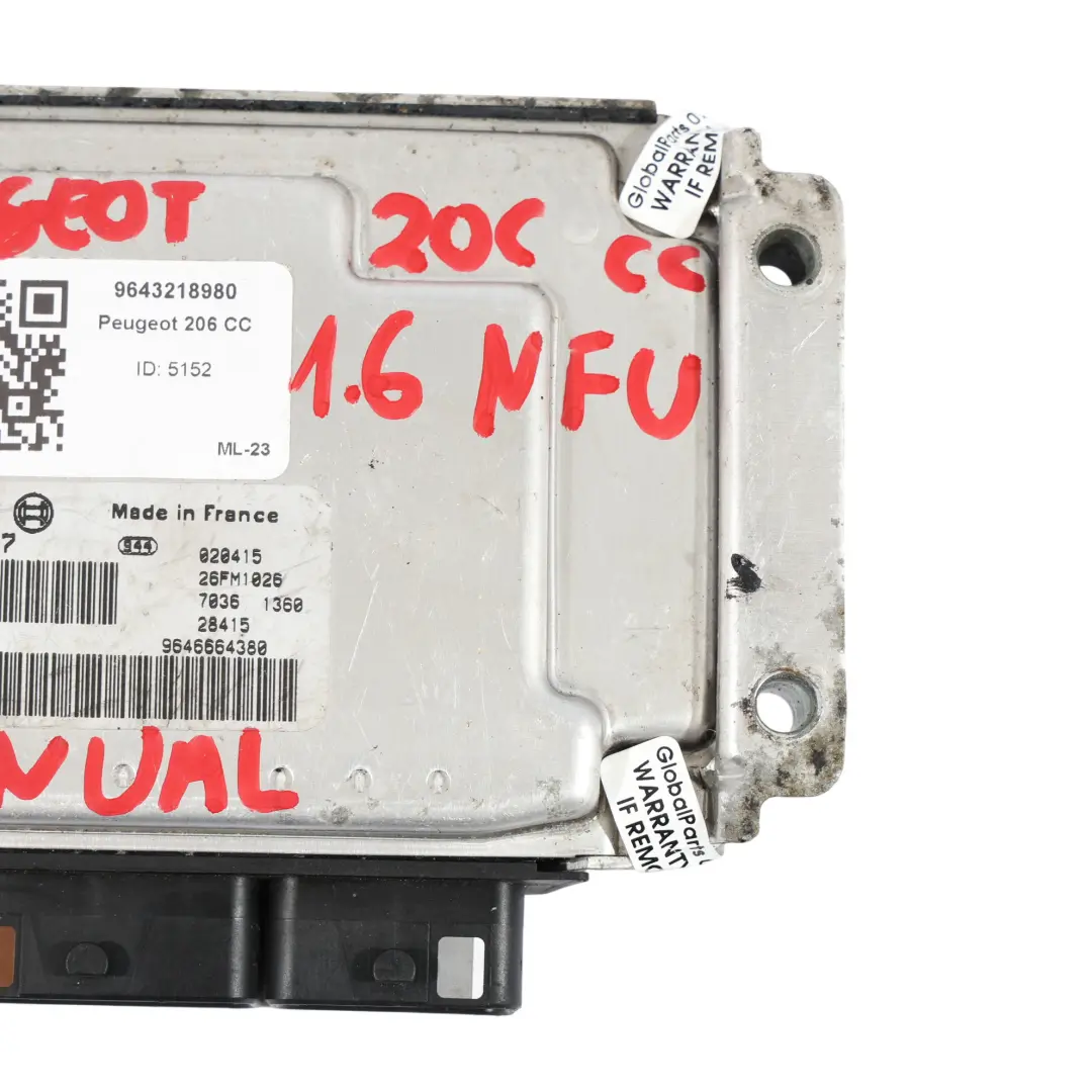 Peugeot 206 1.6 NFU TU5JP4 109HP Unidad Control Motor ECU Manual - SKU 9643218980 - Número de pieza 9643218980