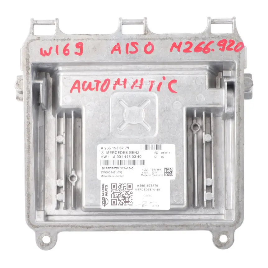 A150 M266.920 95HP Engine Control Module Automatic to Mercedes W169 with Part number A2661536779 Mercedes W169 A150 M266.920 95HP Engine Control Module Automatic - SKU A2661536779 - Part number A2661536779