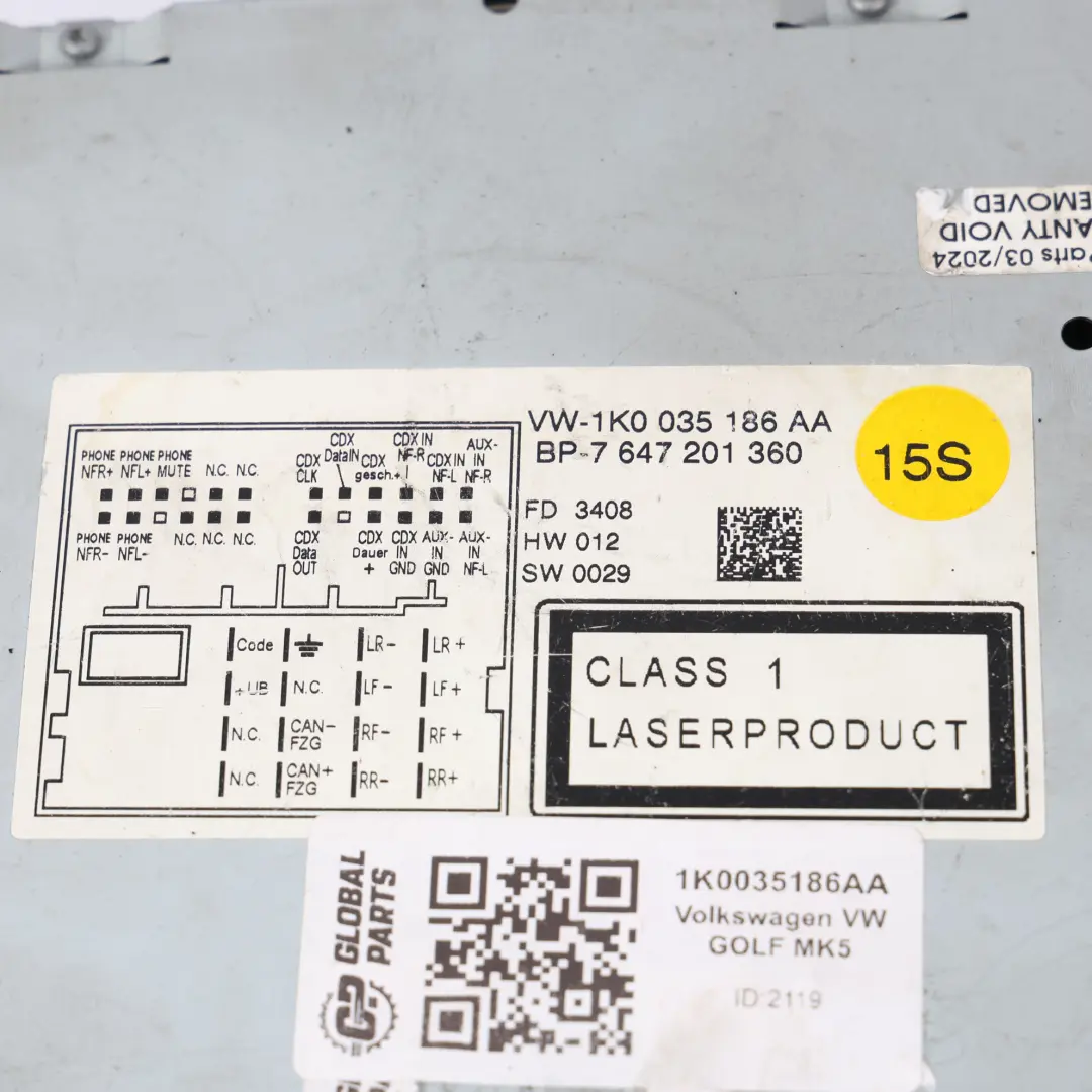 VW Volkswagen Golf Mk5 Radio Samochodowe Odtwarzacz CD - SKU 1K0035186AA - Numer Części 1K0035186AA