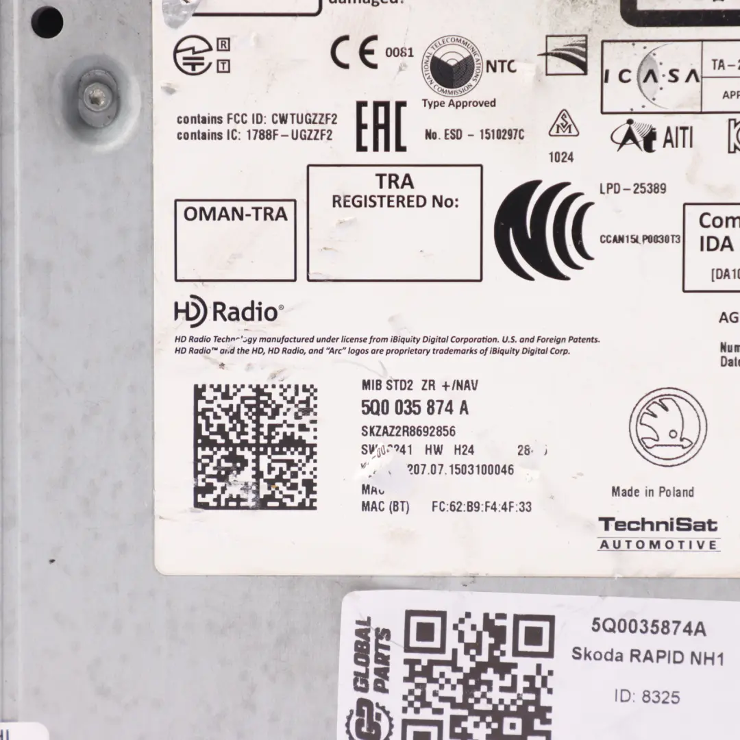 Spaceback NH1 Multimedia Audio Sat Nav Head Unit to Skoda Rapid with Part number 5Q0035874A Skoda Rapid Spaceback NH1 Multimedia Audio Sat Nav Head Unit - SKU 5Q0035874A - Part number 5Q0035874A