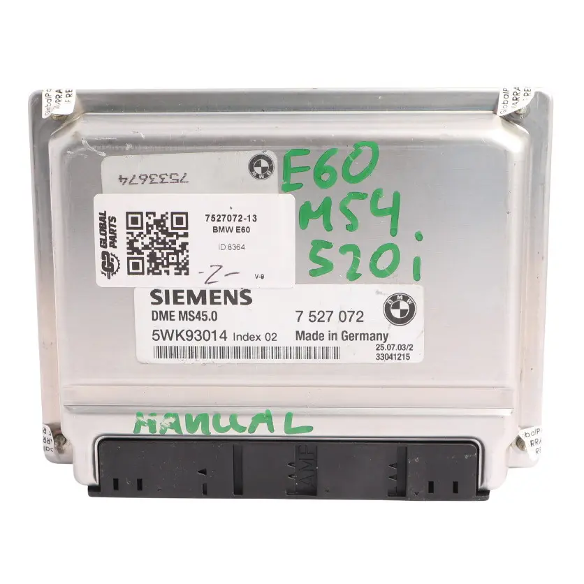 M54 170HP Engine Control Module ECU DME Manual to BMW E60 520i with Part number 7527072 BMW E60 520i M54 170HP Engine Control Module ECU DME Manual - SKU 7527072-13 - Part number 7527072