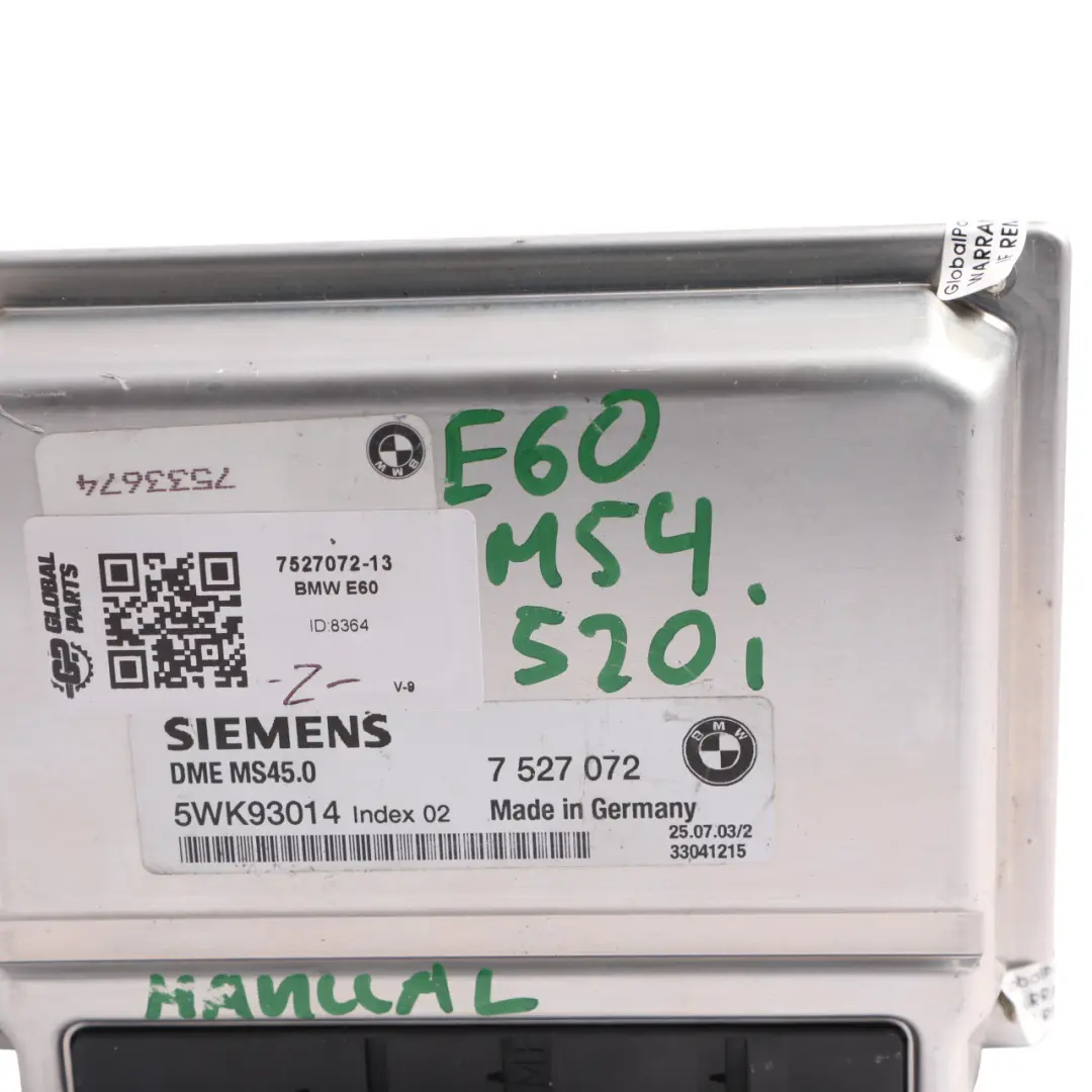 BMW E60 520i M54 170HP Engine Control Module ECU DME Manual - SKU 7527072-13 - Part number 7527072