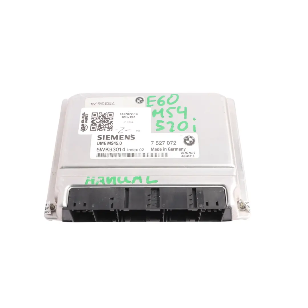 M54 170HP Engine Control Module ECU DME Manual to BMW E60 520i with Part number 7527072 BMW E60 520i M54 170HP Engine Control Module ECU DME Manual - SKU 7527072-13 - Part number 7527072