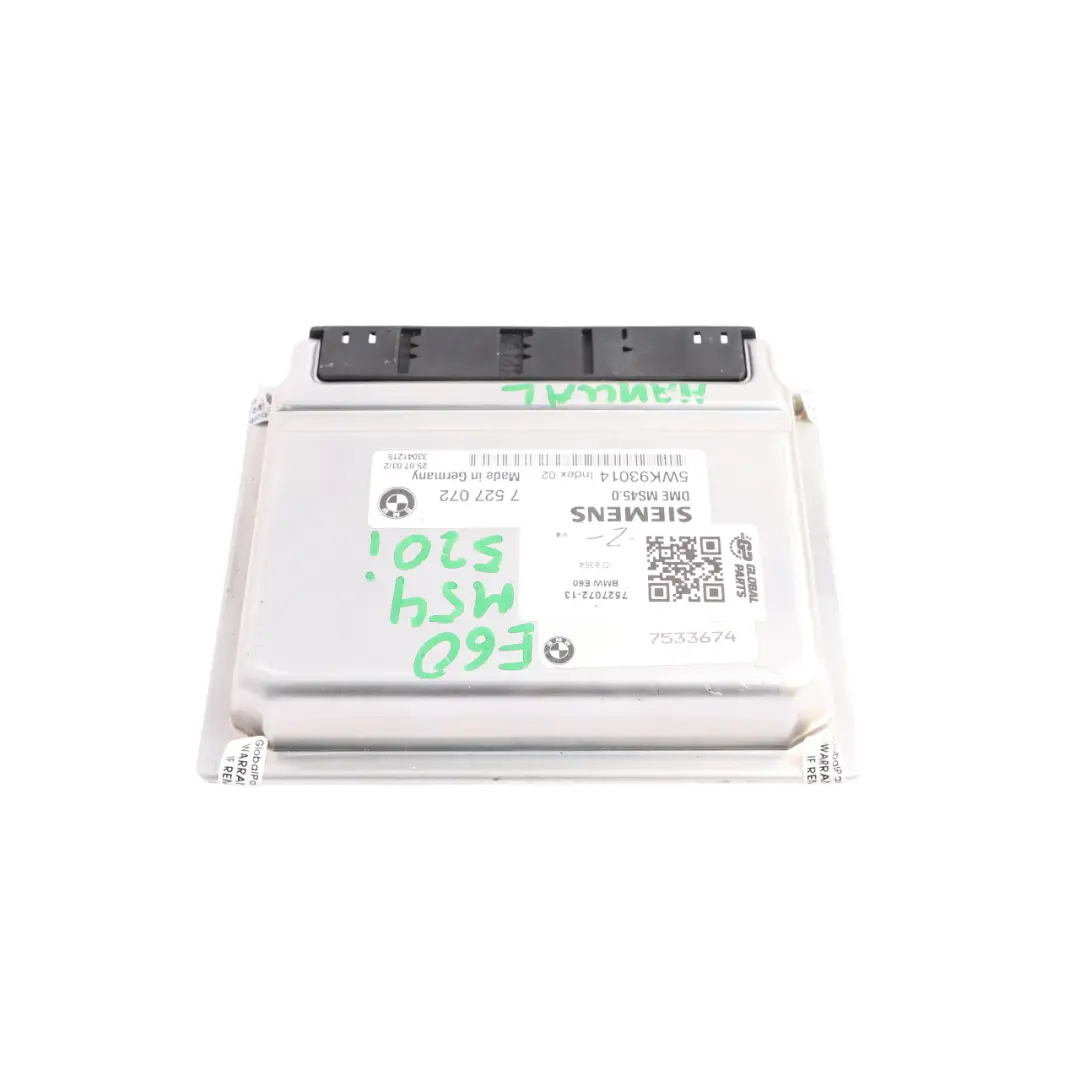 M54 170HP Engine Control Module ECU DME Manual to BMW E60 520i with Part number 7527072 BMW E60 520i M54 170HP Engine Control Module ECU DME Manual - SKU 7527072-13 - Part number 7527072