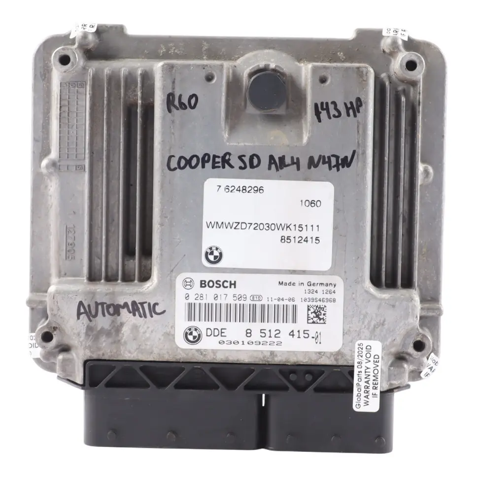 N47N 143HP Contrôle Moteur ECU DDE Automatique pour Mini Cooper SD R60 ALL4 à propos du numéro de pièce 8512415 Mini Cooper SD R60 ALL4 N47N 143HP Contrôle Moteur ECU DDE Automatique - SKU 8512415-12 - Numéro de pièce 8512415
