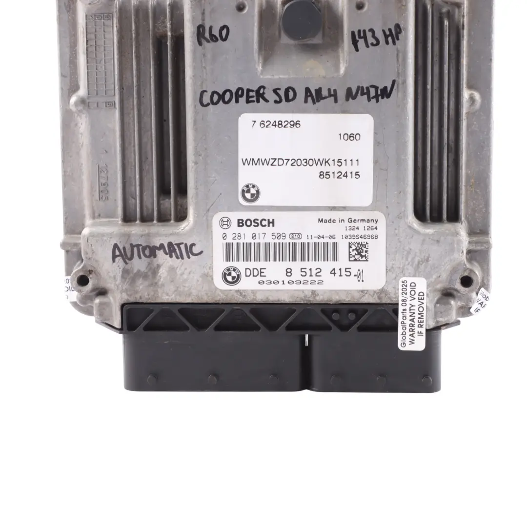 N47N 143HP Controllo Motore ECU DDE Automatico per Mini Cooper SD R60 ALL4 con numero di parte 8512415 Mini Cooper SD R60 ALL4 N47N 143HP Controllo Motore ECU DDE Automatico - SKU 8512415-12 - Numero di parte 8512415