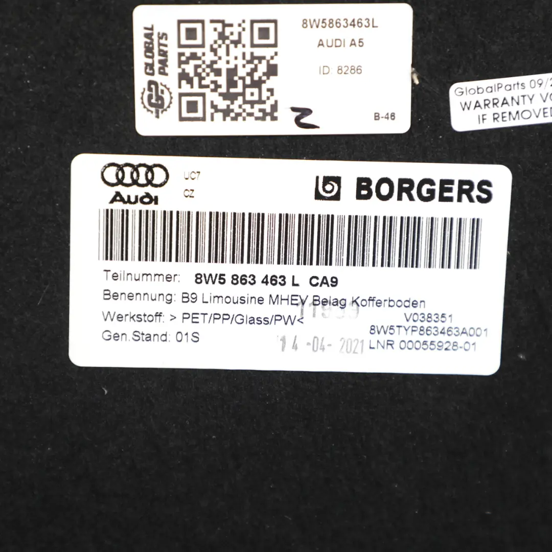 Audi A5 F5 Rear Trunk Boot Floor Mat Liner Carpet Black Fabric - SKU 8W5863463L - Part number 8W5863463L