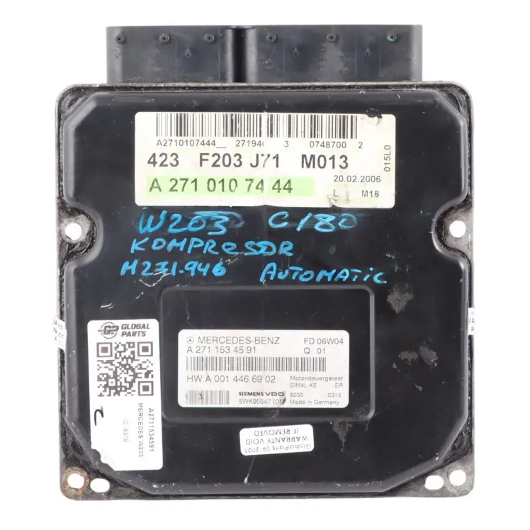 Mercedes W203 C180 Kompressor M271 Engine Module ECU A2711534591 Automatic