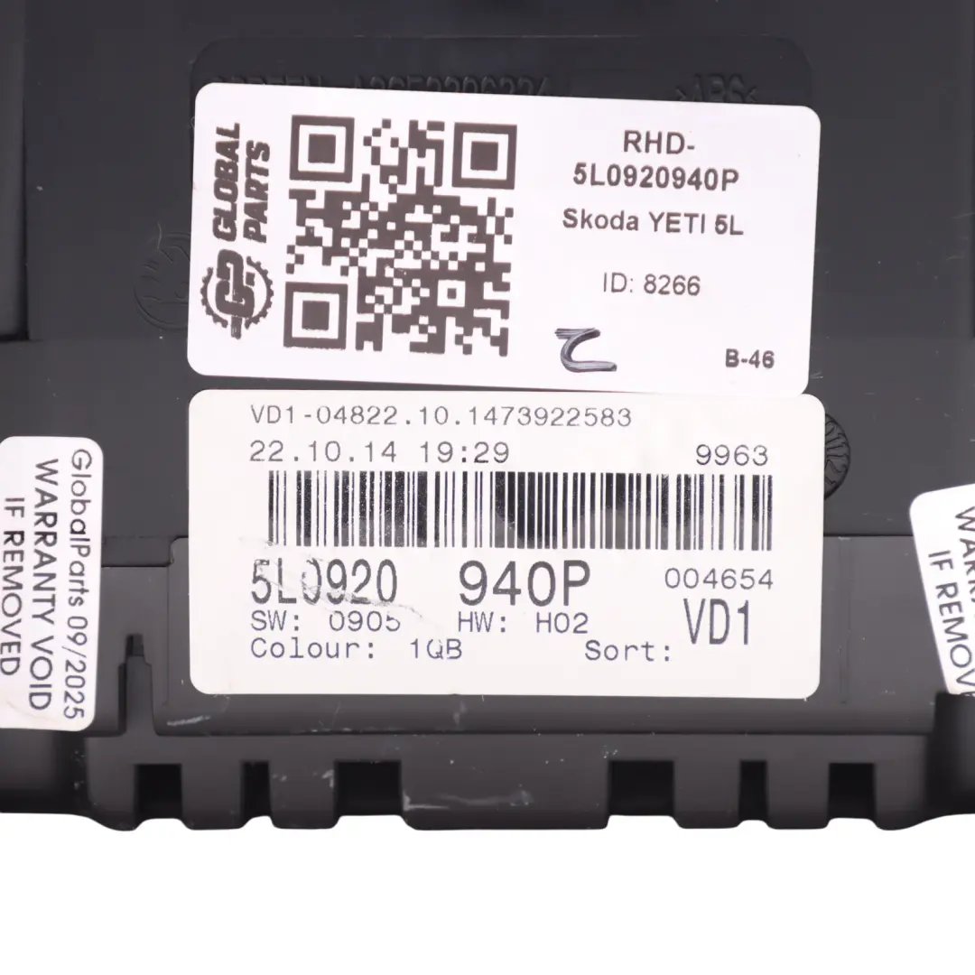 Skoda Yeti 5L Instrument Cluster Speedometer Clocks Manual Diesel - SKU RHD-5L0920940P - Part number 5L0920940P