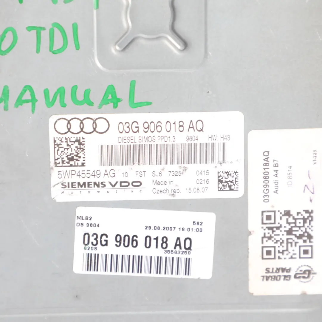 Audi A4 B7 2.0 TDI 170HP BRD Engine Control Module Unit ECU Manual - SKU 03G906018AQ - Part number 03G906018AQ