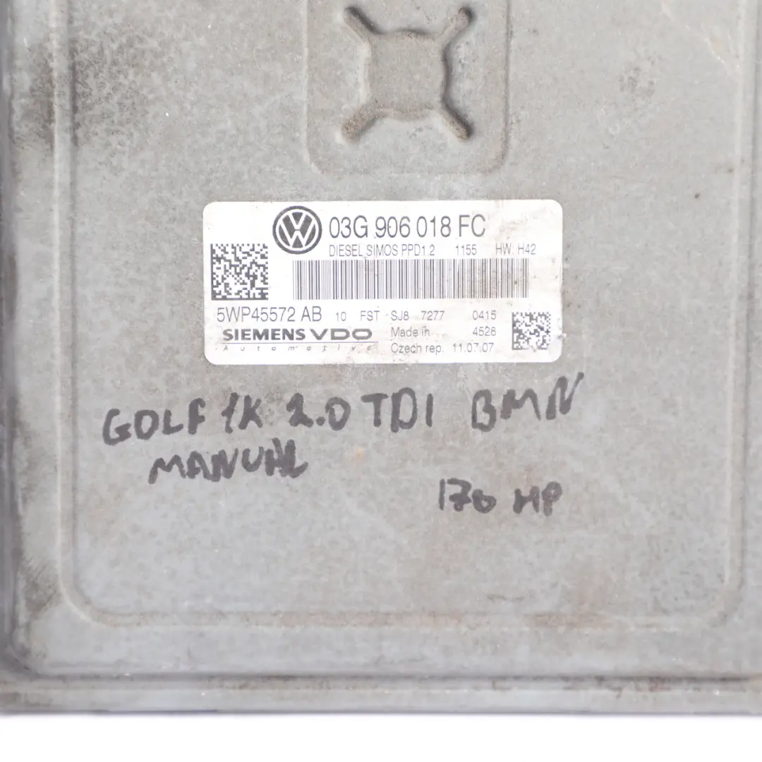 Volkswagen Golf V 5 1K 2.0 TDI BMN 170HP Engine Control ECU Manual - SKU 03G906018FC-2 - Part number 03G906018FC