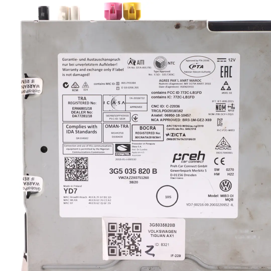 Mk2 AX1 Multimedia Radio Navigation Head Unit to VW Volkswagen Tiguan with Part number 3G5035820B VW Volkswagen Tiguan Mk2 AX1 Multimedia Radio Navigation Head Unit - SKU 3G5035820B - Part number 3G5035820B
