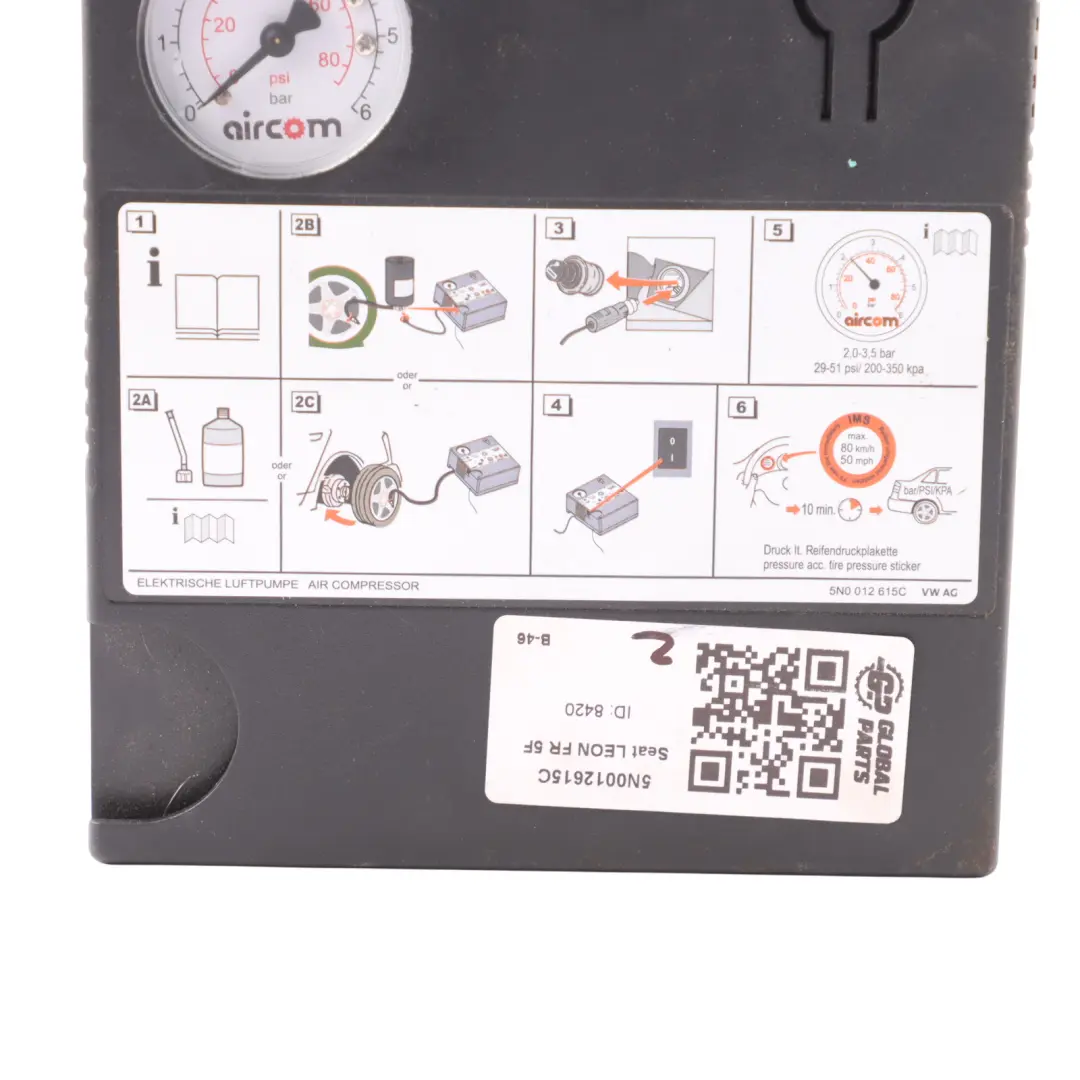 Tyre Inflation Air Pump Compressor to Audi Volkswagen Skoda Seat with Part number 5N0012615C Audi Volkswagen Skoda Seat Tyre Inflation Air Pump Compressor - SKU 5N0012615C - Part number 5N0012615C