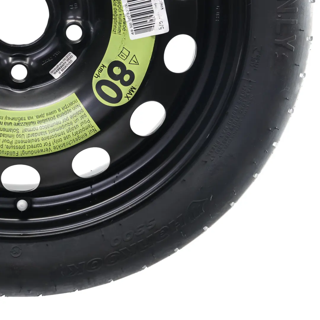 Rueda Repuesto Acero R16 Hankook 3.5J ET: 25.5 125/70 para VW Golf Mk7 con número de pieza 5Q0601027BJ VW Golf Mk7 Rueda Repuesto Acero R16 Hankook 3.5J ET: 25.5 125/70 - SKU 5Q0601027BJ - Número de pieza 5Q0601027BJ