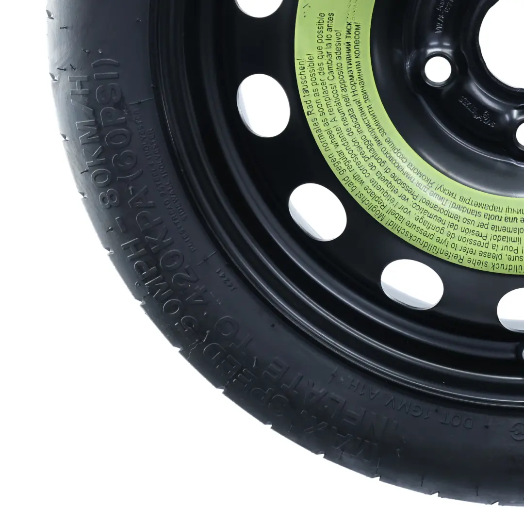 Ruota Scorta In Acciaio R16 Hankook 3.5J ET: 25.5 125/70 per VW Golf Mk7 con numero di parte 5Q0601027BJ VW Golf Mk7 Ruota Scorta In Acciaio R16 Hankook 3.5J ET: 25.5 125/70 - SKU 5Q0601027BJ - Numero di parte 5Q0601027BJ