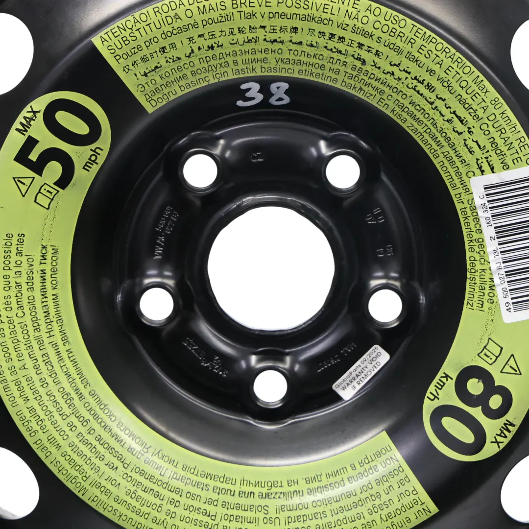 Spare Wheel Steel R16 Tyre Hankook 3.5J ET: 25.5 125/70 to VW Golf Mk7 with Part number 5Q0601027BJ VW Golf Mk7 Spare Wheel Steel R16 Tyre Hankook 3.5J ET: 25.5 125/70 - SKU 5Q0601027BJ - Part number 5Q0601027BJ